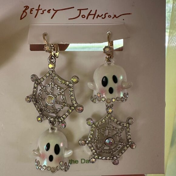 Betsey Johnson Ghost Spider Web Crystal Gothic Dangle Earrings - Picture 5 of 7
